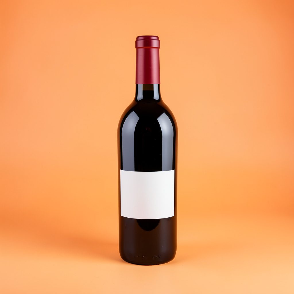 A wine bottle and glass on a rustic wooden table, deep burgundy and warm amber tones against a soft neutral backdrop